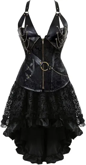 Hengzhifeng Mujeres Corsé Falda Steampunk Piel sintética Halter Bustiers Vestido de fiesta