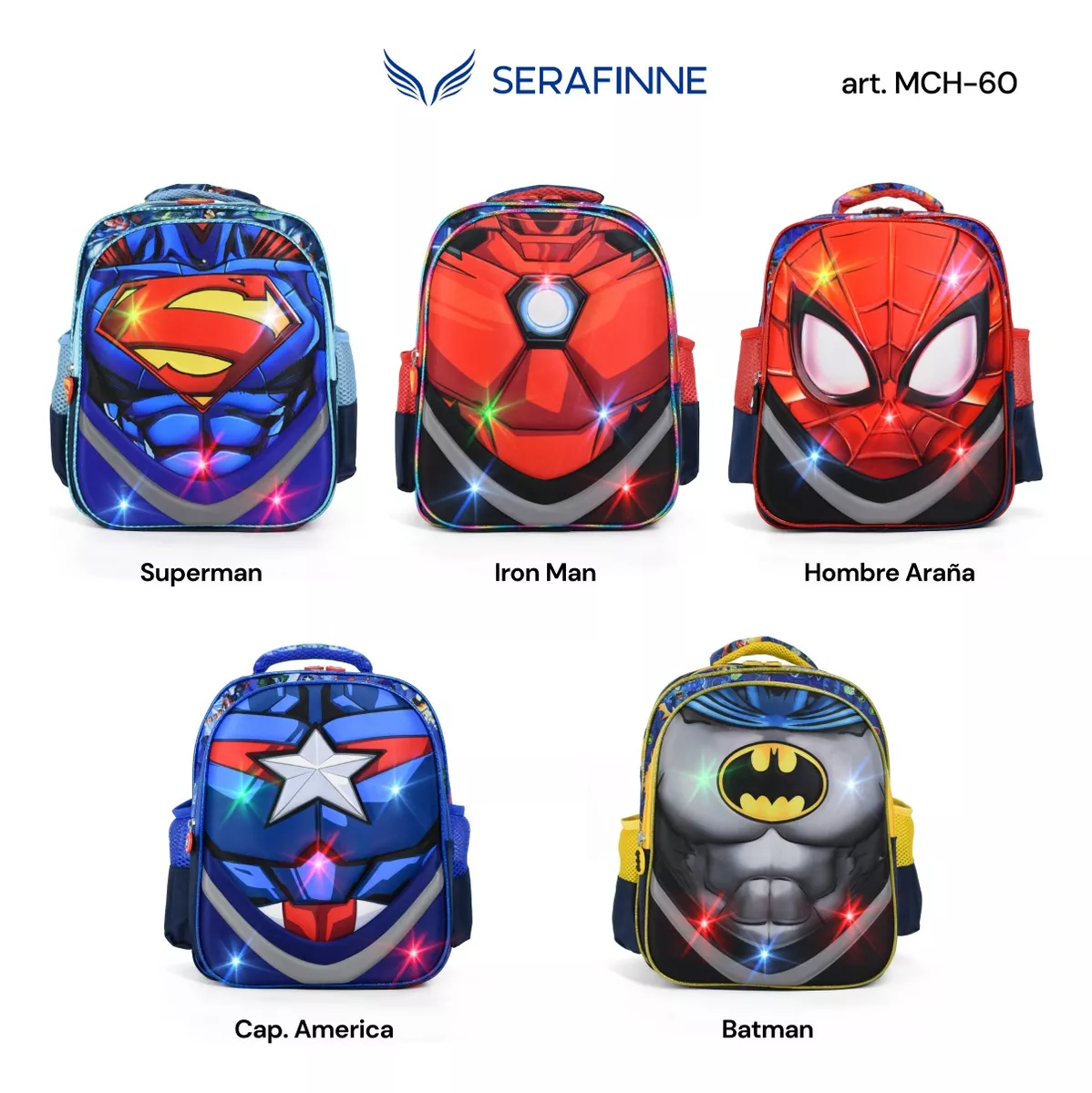 Mochila Niño Infantil Escolar Superheroes Luces Mch-60