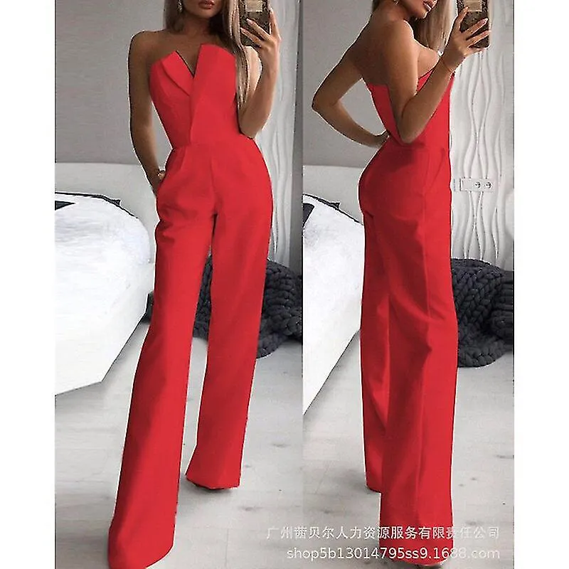 Mujer Elegante mono de malla Lady Fashion Sexy V Cuello Cuello Alto Corsé Pierna Ancha Pantalones Romper Overoles