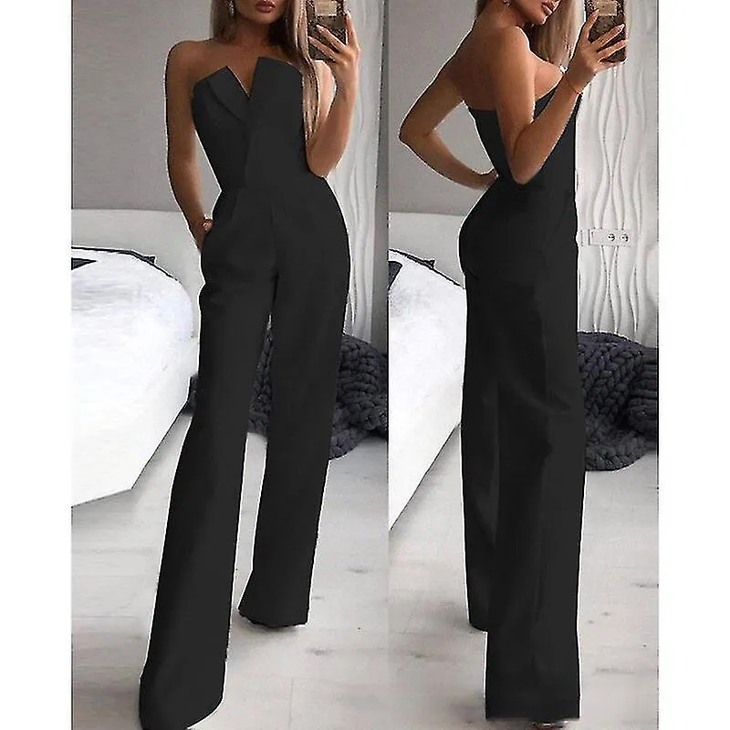 Mujer Elegante mono de malla Lady Fashion Sexy V Cuello Cuello Alto Corsé Pierna Ancha Pantalones Romper Overoles