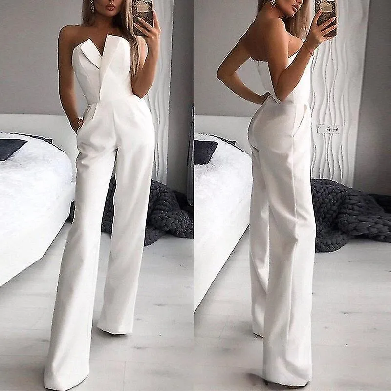 Mujer Elegante mono de malla Lady Fashion Sexy V Cuello Cuello Alto Corsé Pierna Ancha Pantalones Romper Overoles