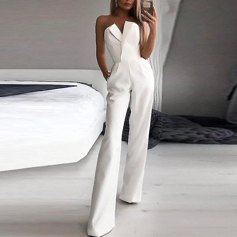 Mujer Elegante mono de malla Lady Fashion Sexy V Cuello Cuello Alto Corsé Pierna Ancha Pantalones Romper Overoles