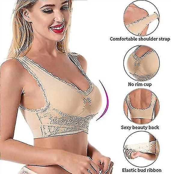 Sujetadores para mujeres mayores, cómodo sujetador corsé hebilla frontal cruzada lateral encaje sujetadores