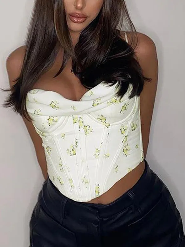 Top corsé con cuello apilado y estampado floral de florecitas