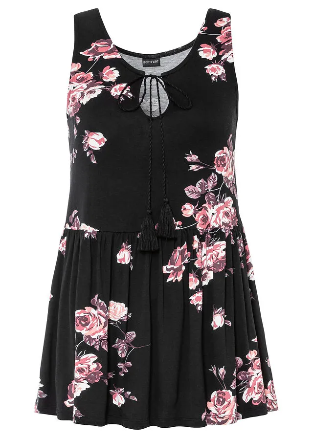 Top estampado de viscosa sostenible Negro de flores