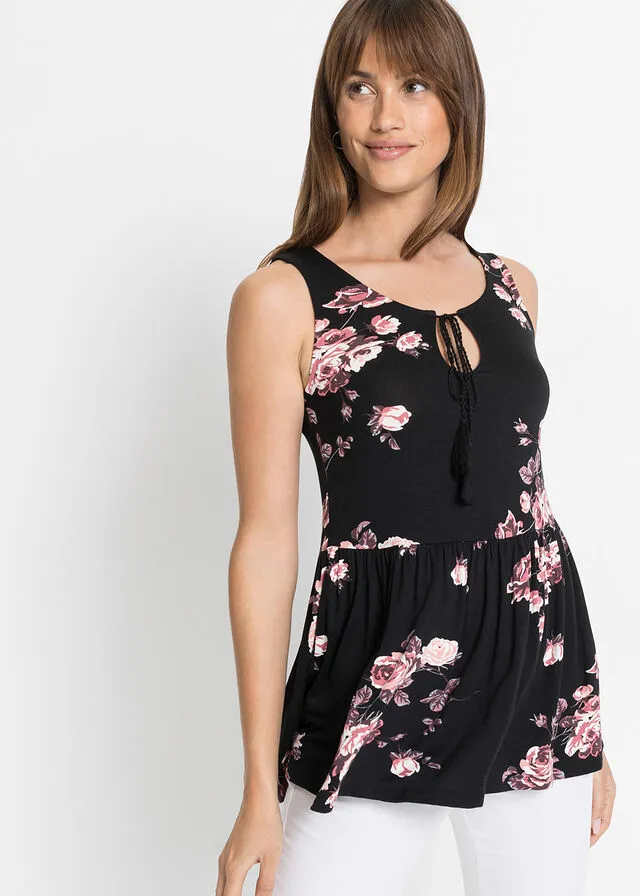 Top estampado de viscosa sostenible Negro de flores