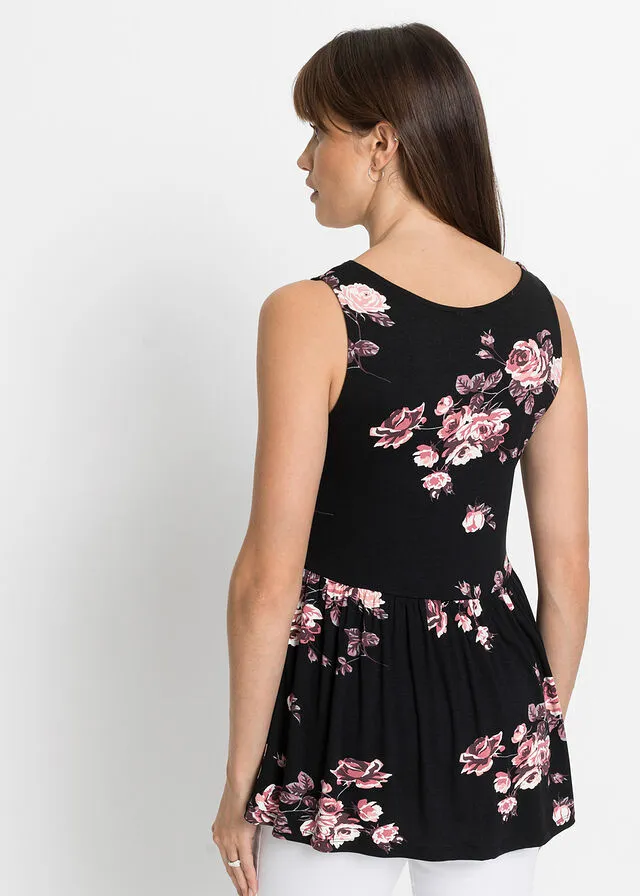 Top estampado de viscosa sostenible Negro de flores