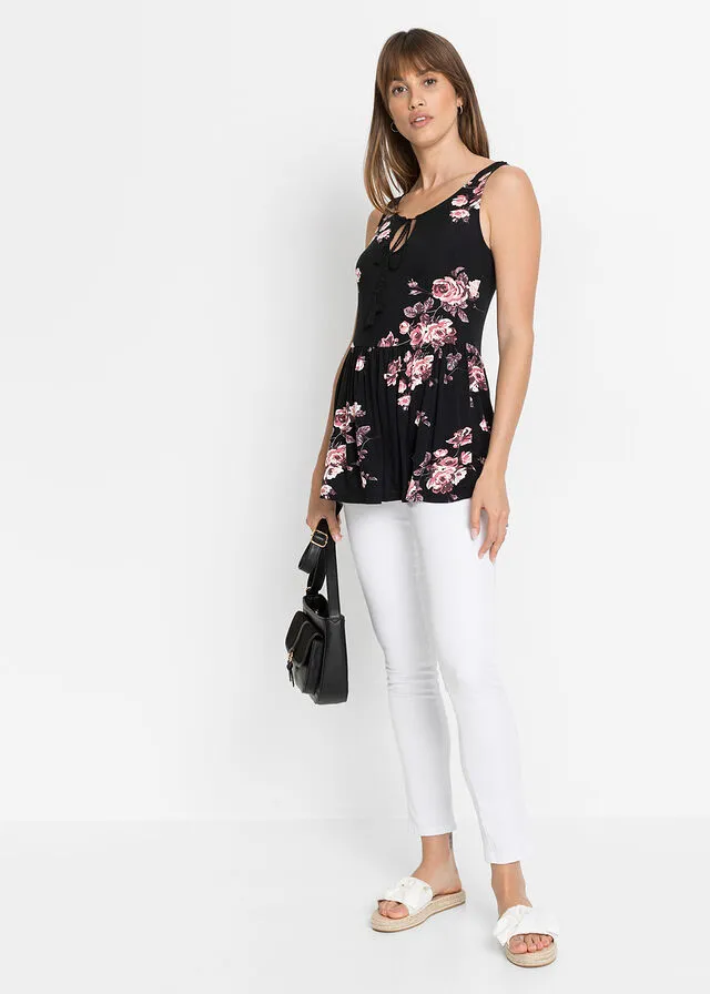 Top estampado de viscosa sostenible Negro de flores