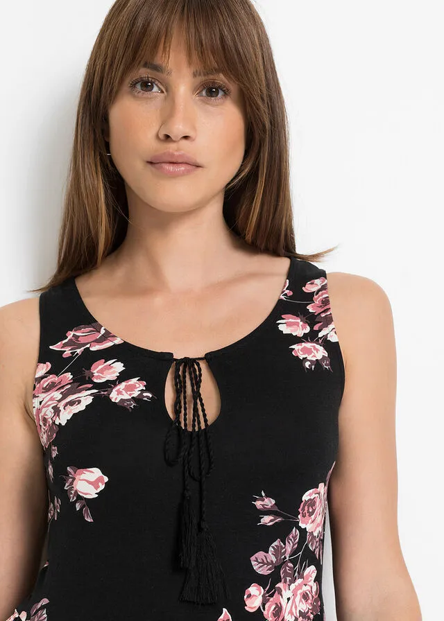 Top estampado de viscosa sostenible Negro de flores