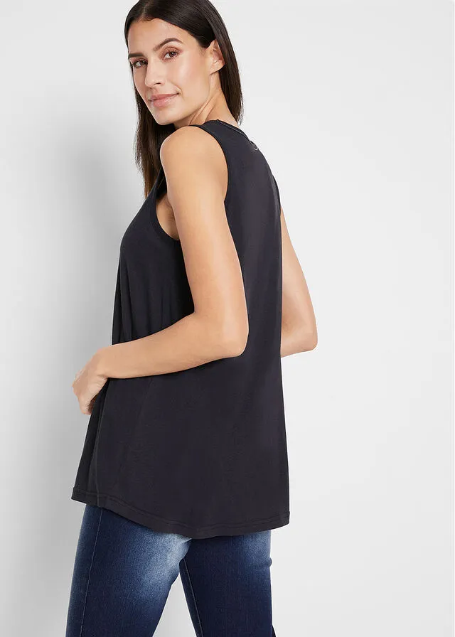 Top largo sostenible con cuello redondo Negro