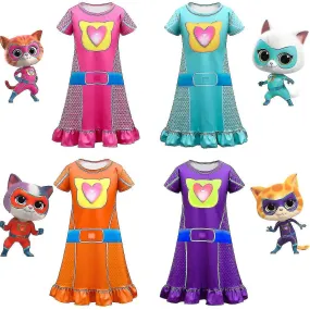 Vestido de niñas Verano Nuevos niños Manga corta Supergatitos Princesa Pijama Vestido de gato Fiesta de cumpleaños de los niños 