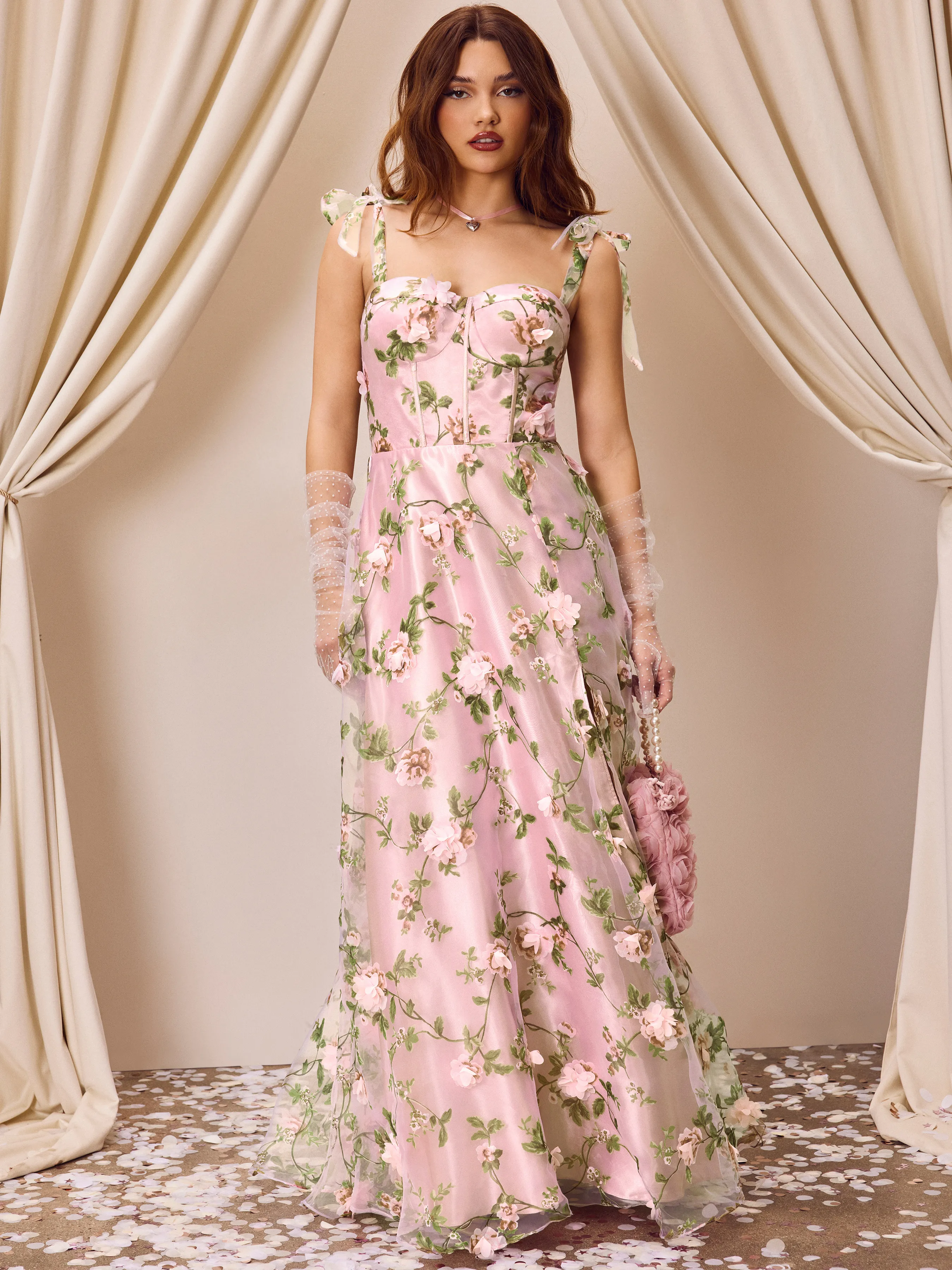 Vestido Maxi de Tul con Corsé Anudado y Estampado Floral Sweetheart