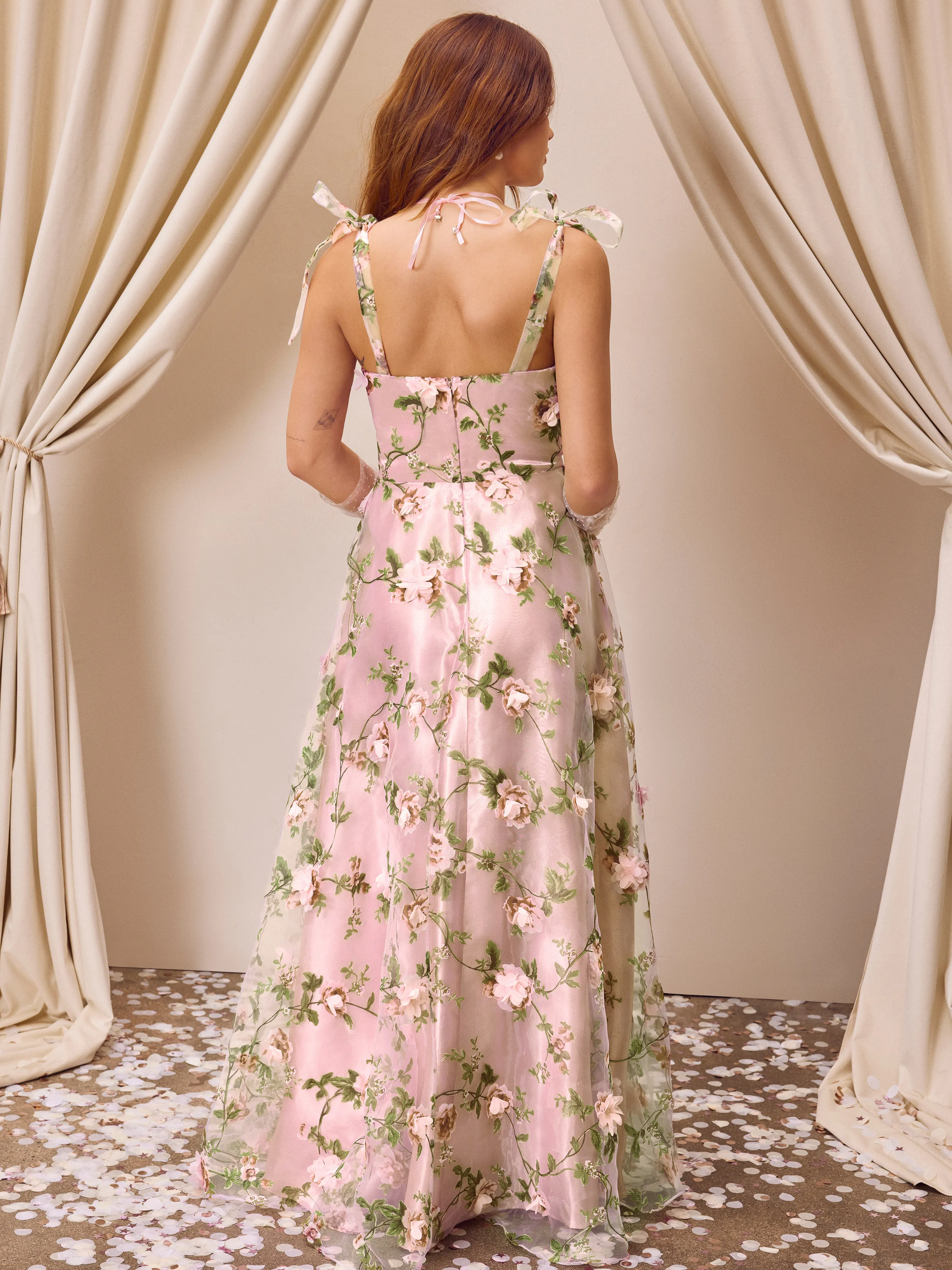 Vestido Maxi de Tul con Corsé Anudado y Estampado Floral Sweetheart