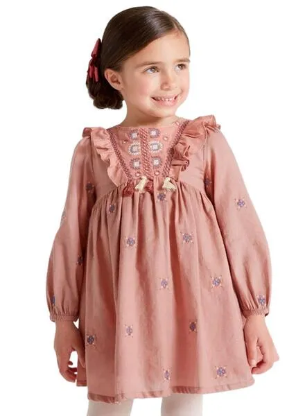 Vestido Mayoral Bordado Flores Rosa Para Niña