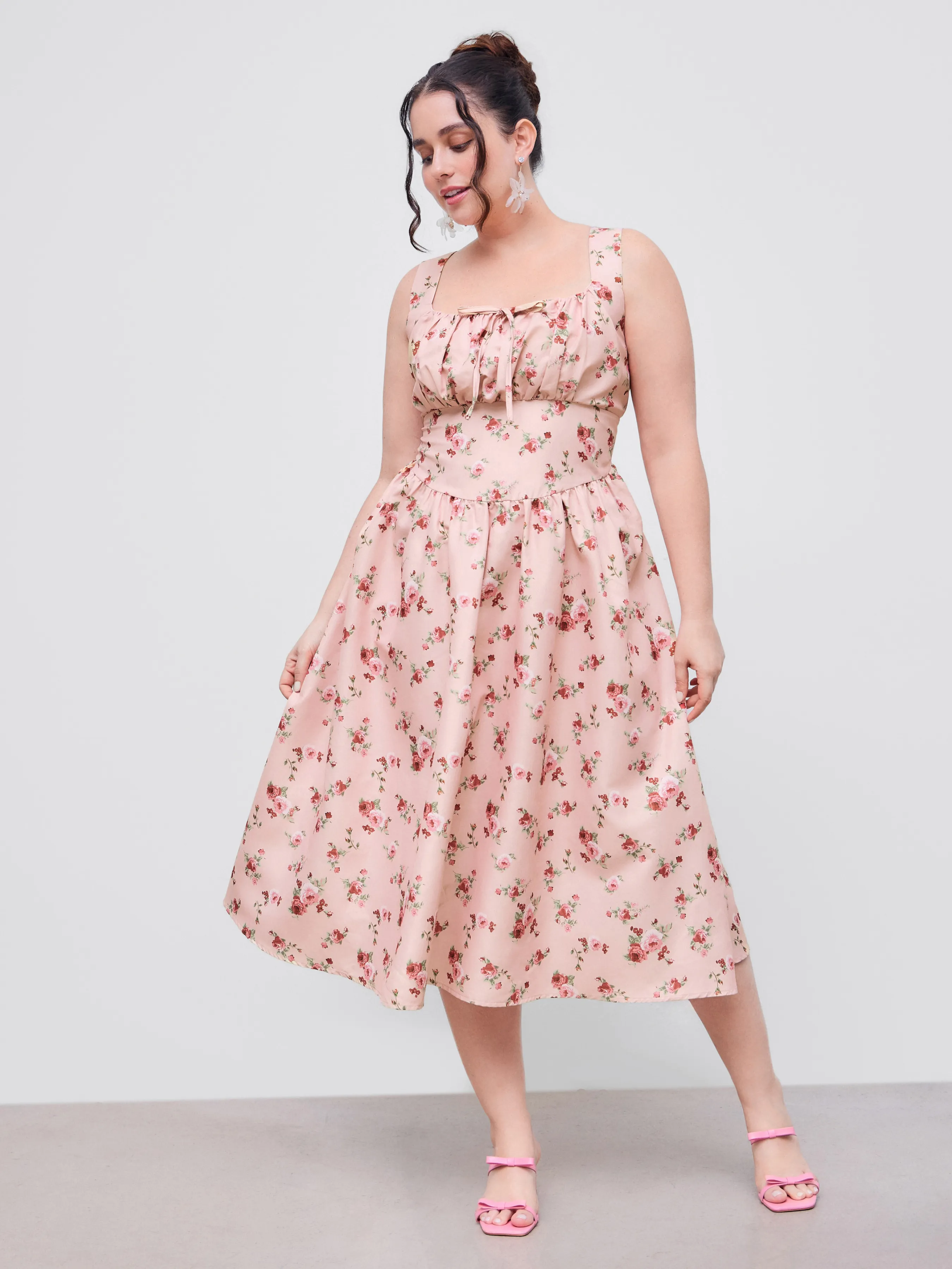 Vestido Midi Tejido de Cuello Cuadrado Floral con Corsé y Volantes Anudados Curvy