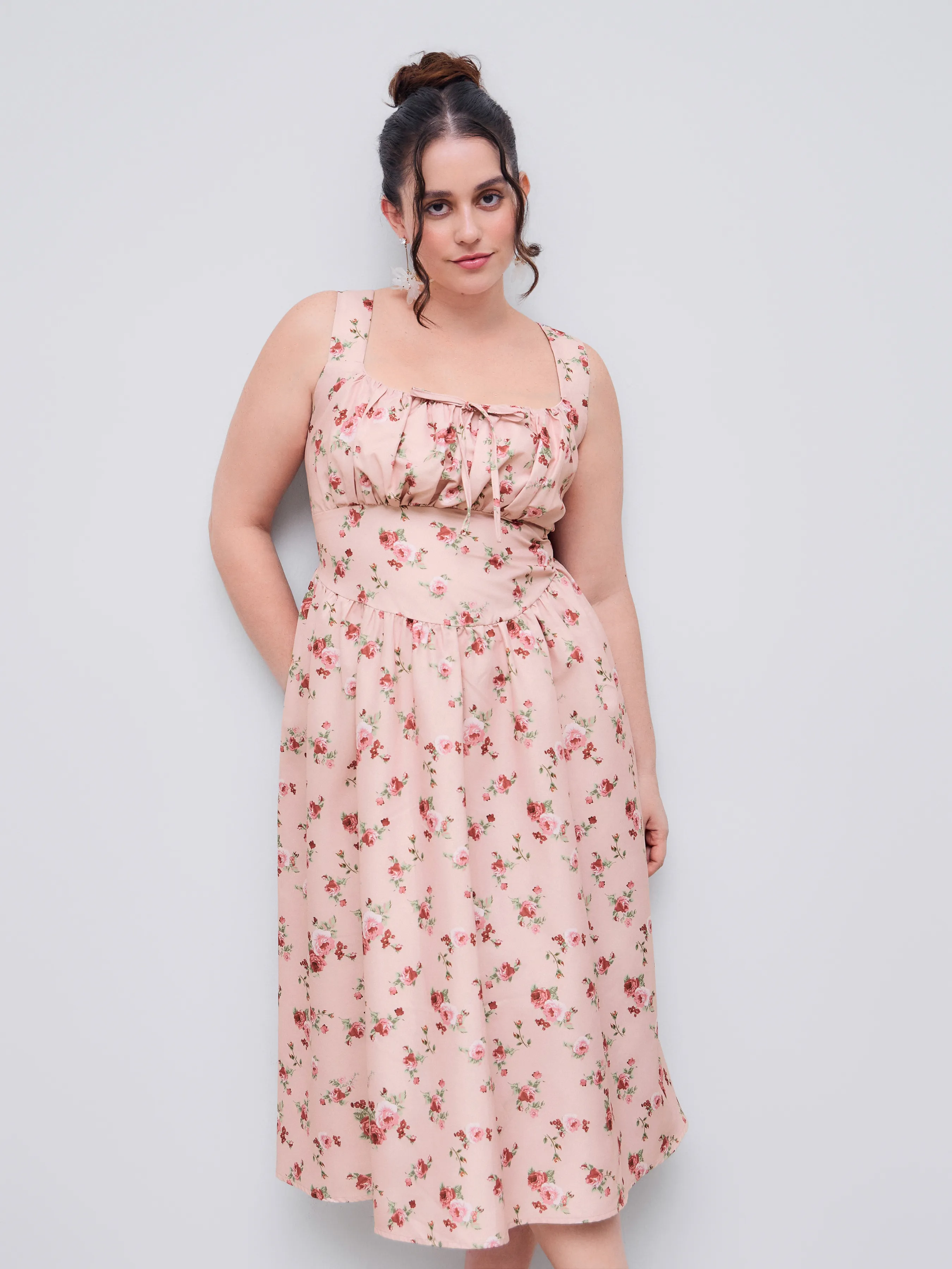 Vestido Midi Tejido de Cuello Cuadrado Floral con Corsé y Volantes Anudados Curvy