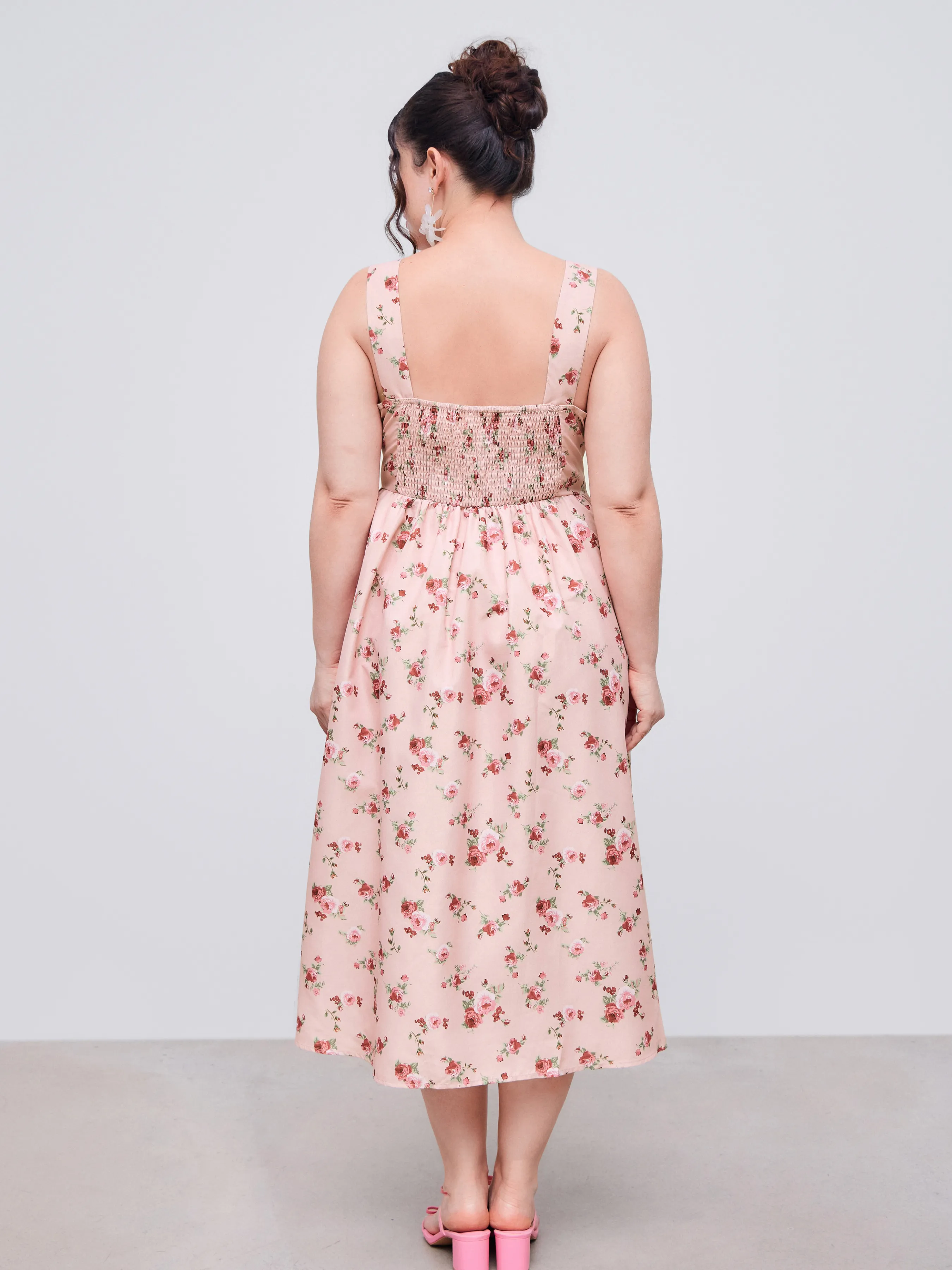 Vestido Midi Tejido de Cuello Cuadrado Floral con Corsé y Volantes Anudados Curvy