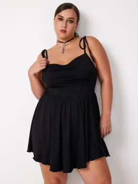 Vestido Mini con Volantes, Nudo y Corsé de Cuello Drapeado Curvy