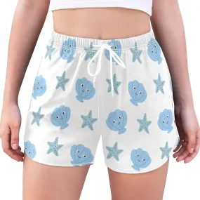 Women's Athletic Shorts Cartoon Seashell Starfish Blue Workout Running Gym Quick Dry Liner Shorts with Pockets-Ggb128